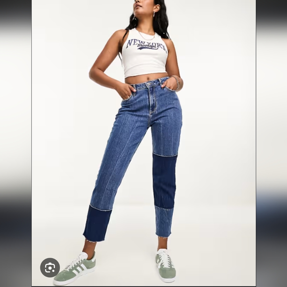 Hollister Blue Patchwork High Rise Straight Leg Mom Jeans Distressed Sz 13 R